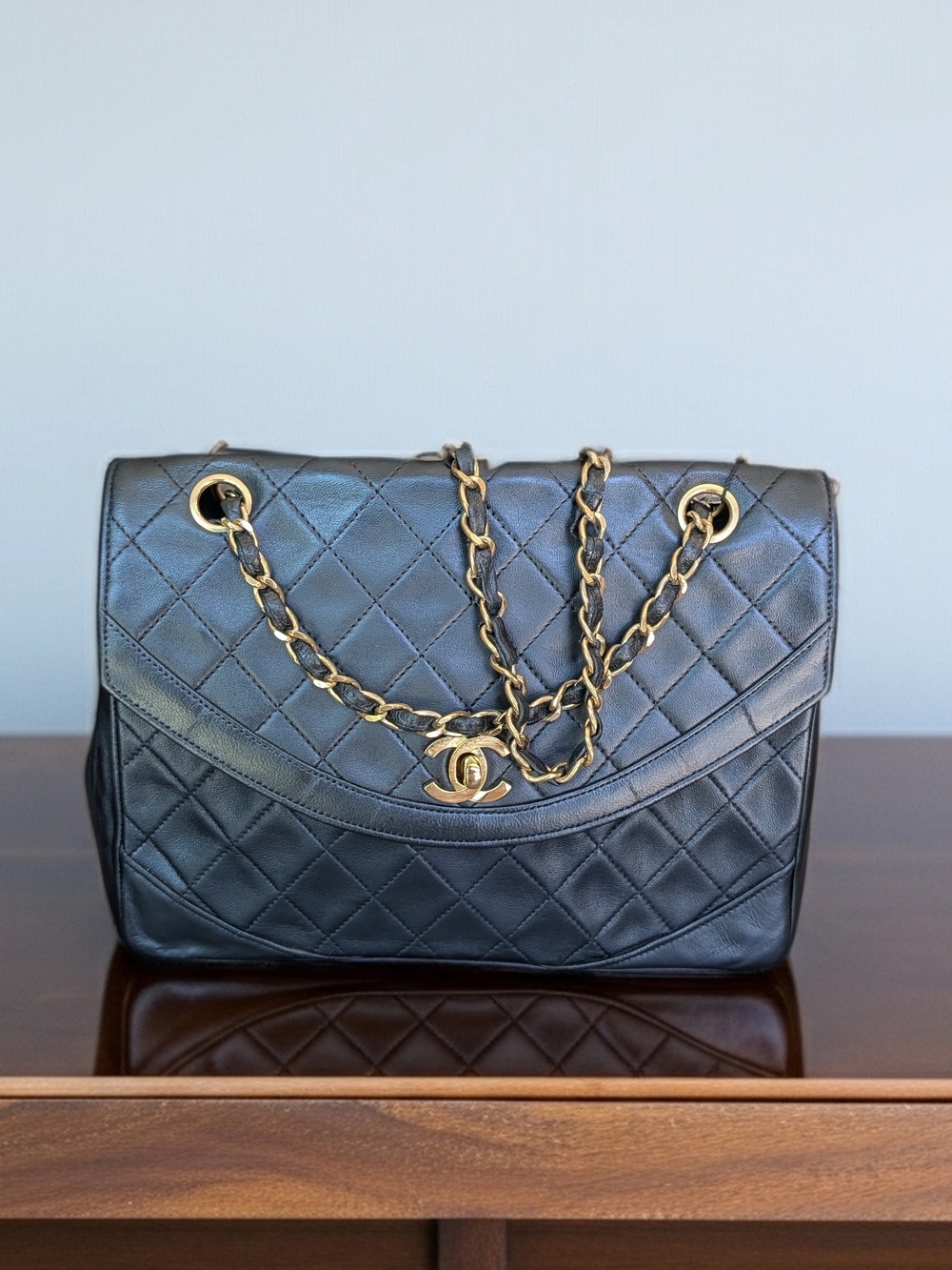 Chanel Vintage Black Quilted Leather Shoulder Bag with Gold Chain